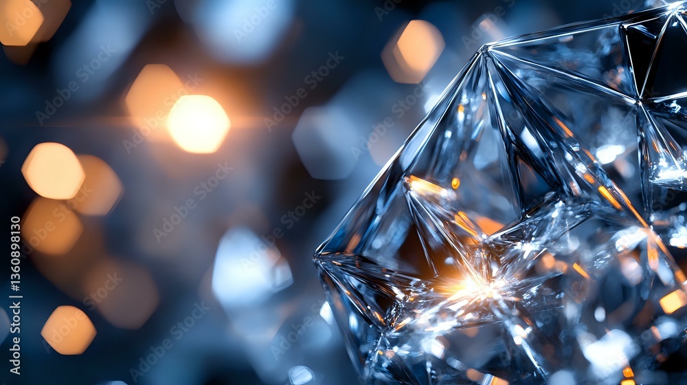 Poster crystal geometric shapes with glowing orange bokeh lights in background creating modern abstract com