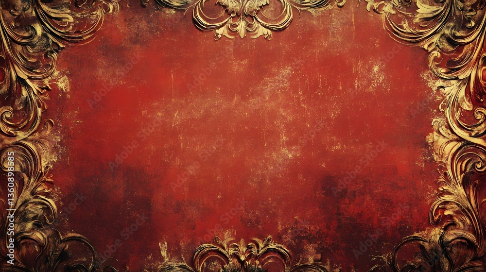 Aufkleber golden baroque frame on red grunge background creating elegant design