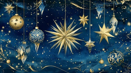 Fototapeta premium Elegant gold and blue Christmas ornaments and stars hanging against a dark blue watercolor background.