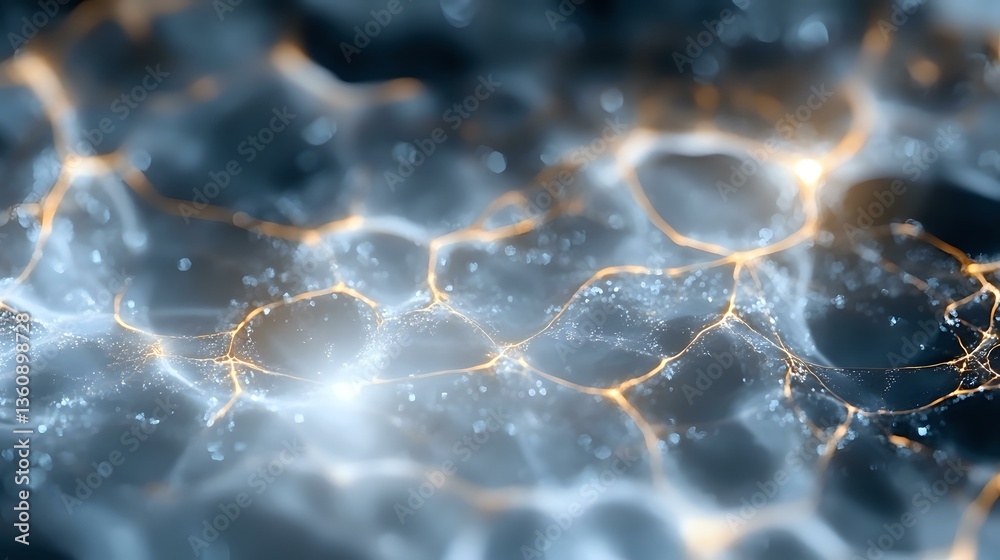 Poster glowing neural network connections with orange and blue light effects create dynamic pattern of inte