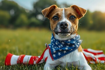 Jack Russell terrier wearing patriotic star bandana lying on American flag in green grass field during golden hour, celebrating Independence Day holiday.