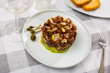 Delicious tuna fish tartare served on plate for appetizer