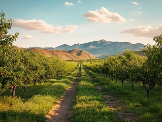 Fototapeta premium Serene Orchard Landscape at Sunset with Green Rows of Trees and Majestic Mountains in the Background Under Cloudy Sky