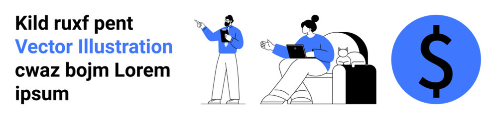 Two colleagues communicating, one presenting financial ideas, another working on a laptop. Bold dollar sign emphasizes money themes. Ideal for finance, teamwork, productivity, online tools