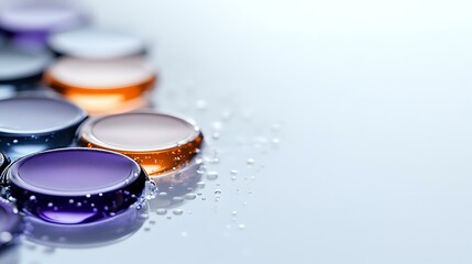 Colorful contact lenses with water drops on light surface. Close up view of purple, orange and clear optical accessories for vision correction.