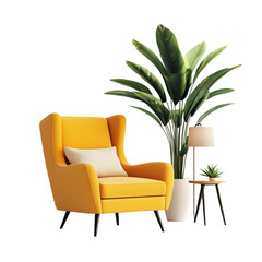Yellow armchair modern interior design tropical plant bright colors