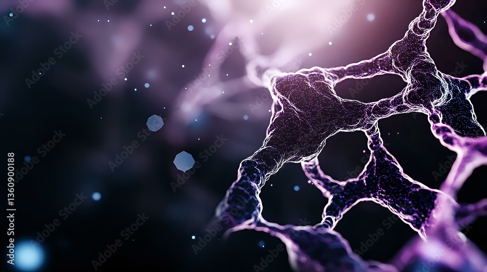 Poster purple and blue glowing neural network connections on dark background with light particles, showing 