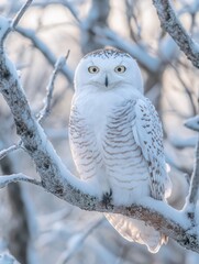 Snowy owl perched on frosted branch in winter wonderland (1)