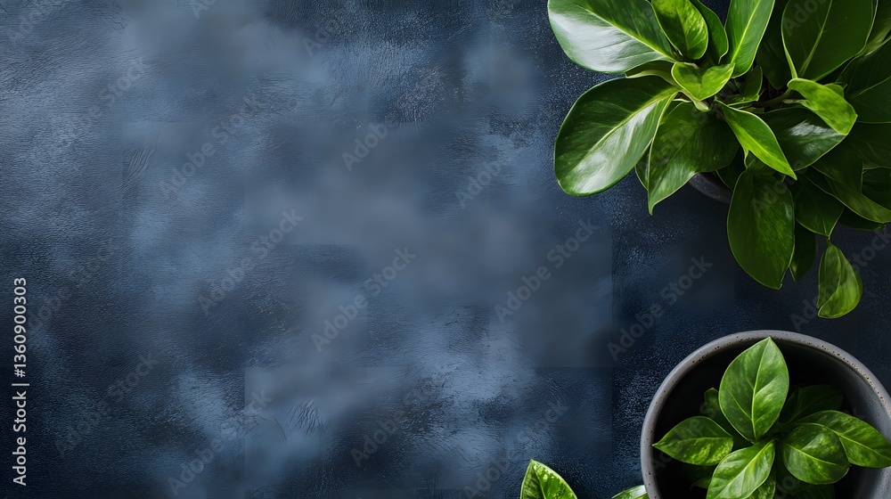 Poster potted plants creating a frame on dark blue surface with copy space