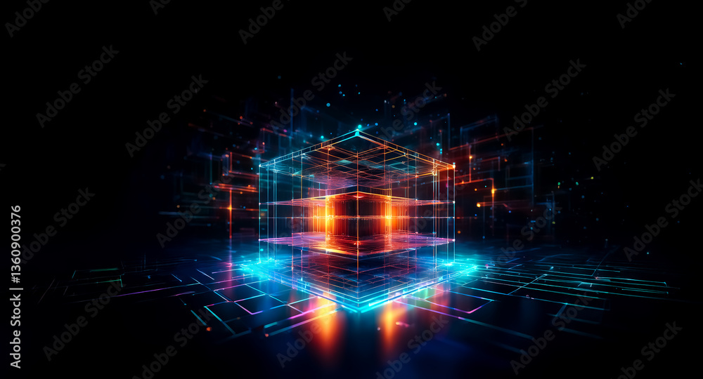 Poster glowing geometric cube made of bright lines and points in a dark space. futuristic and digital, with