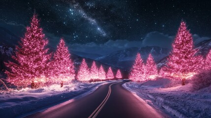 Pink illuminated Christmas trees line a winding road through a snowy mountain pass at night under a starry sky.