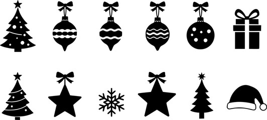 Set of Modern Flat Christmas Icons for Design Projects - Black and White Illustrations, Vector
