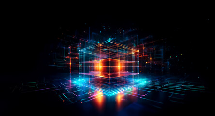 Glowing geometric cube made of bright lines and points in a dark space. Futuristic and digital, with vibrant blue and orange lights.