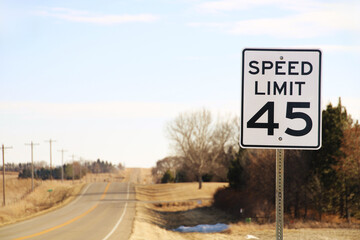 speed limit 45 sign prominently displayed in the foreground with clear sky, utility poles, trees,...
