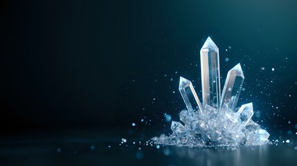 Luminous crystal quartz cluster with glowing points emerging from rough base against dark teal background, magical mineral formation with sparkles and light effects.