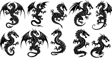 Fototapeta premium set of vector illustration, set of round tribal dragon tattoo designs, black and white graphics 