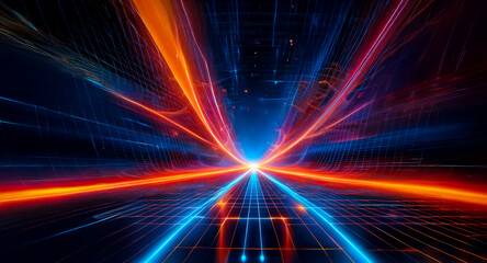 Obraz premium Abstract perspective of vibrant orange and blue light streaks converging at a central point, creating a dynamic sense of speed and futuristic energy.
