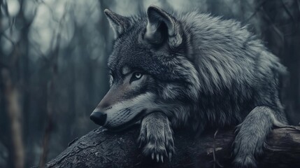 Fototapeta premium Close-up view of a grey wolf resting on a fallen log in a dense forest. The image is dominated by cool, desaturated tones of grey and blue, creating a moody atmosphere. The wolf's fur is rendered