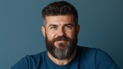 Obraz premium Close-up studio portrait of a middle-aged man with a full, well-groomed beard and mustache. He has short, dark brown hair with some graying at the temples, styled neatly. His expression is serious