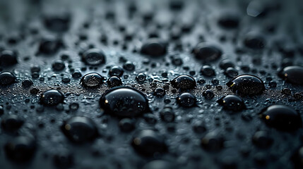 Water droplets on dark hydrophobic surface create dramatic macro photography pattern with varied sizes of spherical drops in moody lighting.