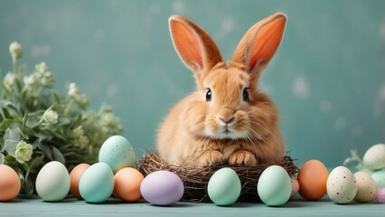 Charming Brown Bunny with Easter Egg Nest Crown on Pastel Green Backdrop