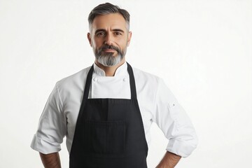 A close-up studio shot of a middle-aged man with short graying hair and a goatee, wearing a white chef's jacket and a black apron. His expression is serious and confident. The background is plain