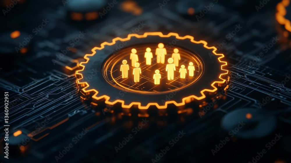 Fototapete glowing figures within a gear on a circuit board, symbolizing teamwork and technology.