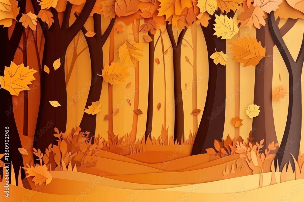 Poster layered paper cut forest depicting autumn beauty with golden leaves and warm light creating a cozy a
