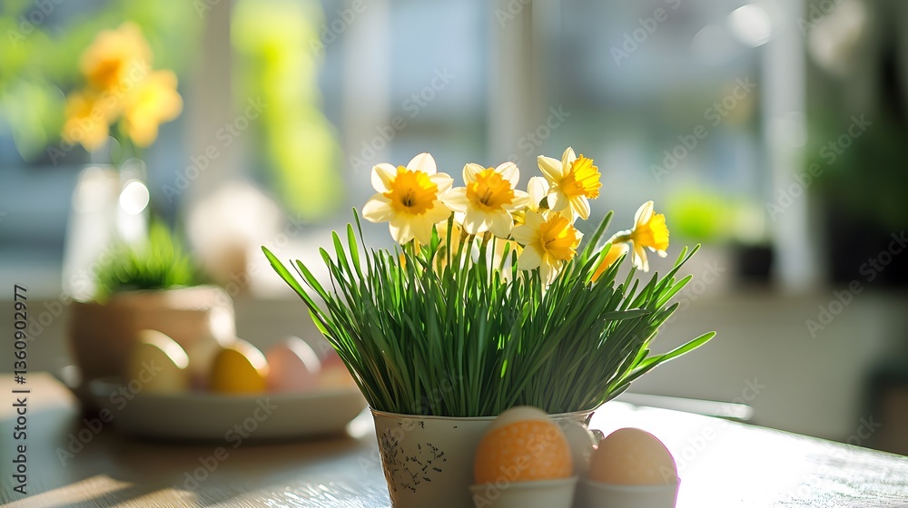 Wall mural easter eggs and daffodils creating a beautiful spring decoration on a table