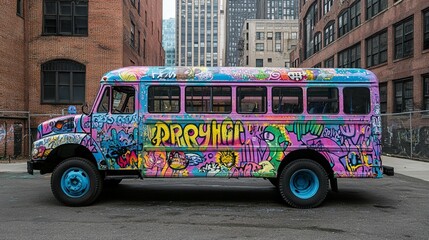 Obraz premium A colorful graffiti-covered school bus parked in an urban alleyway between brick buildings.