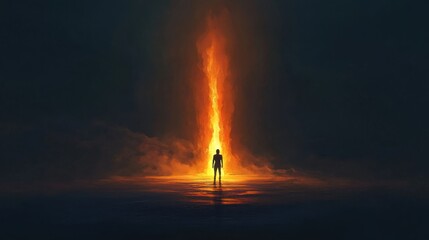 Obraz premium Silhouette Of A Man Facing A Towering Fiery Pillar In The Dark