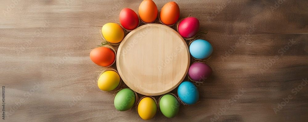 Poster Colorful easter eggs arranged around empty wooden plate on rustic table
