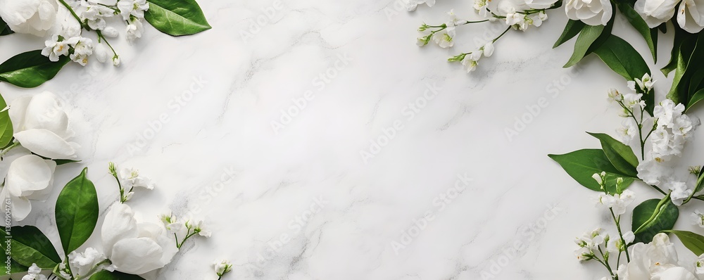 Poster white spring flowers frame on marble background with copy space