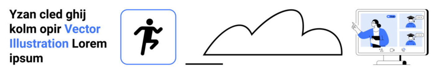 Person running icon, cloud shape, screen with video calls highlight teamwork, data access, communication. Ideal for technology, remote work, cloud systems, workflow speed connectivity simple