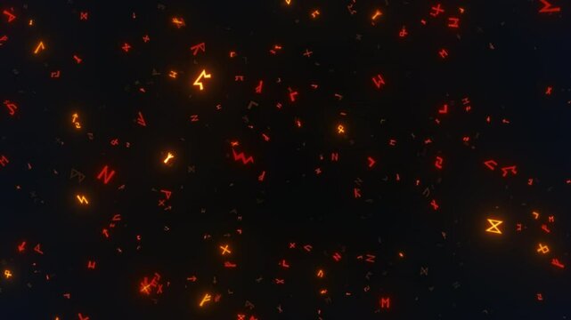Flying through the abstract runic symbol expanse. Magic, mystical background. Seamless loop