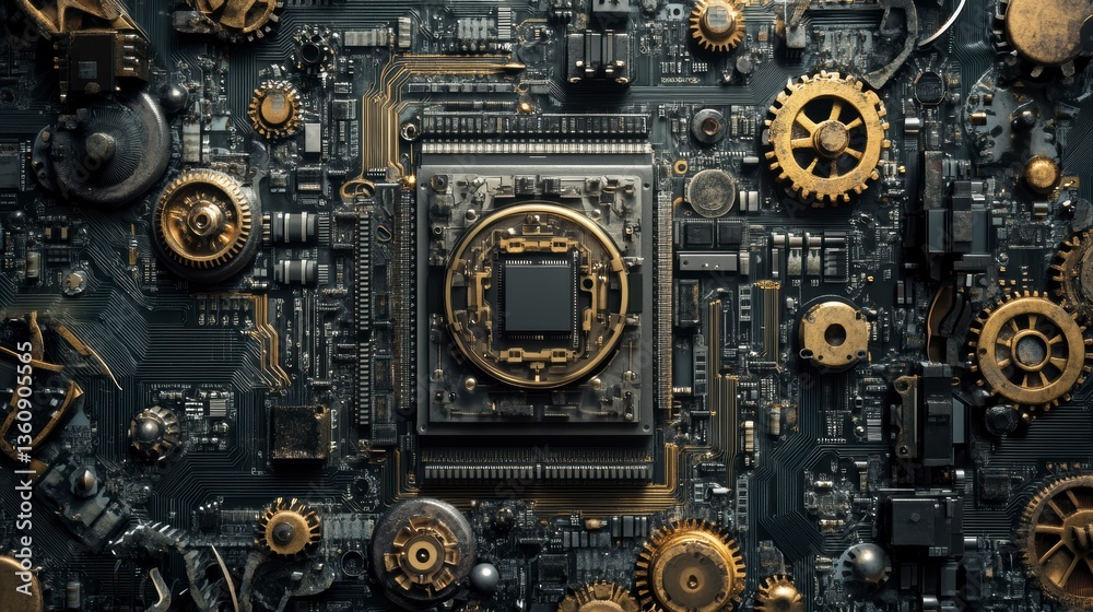 Poster steampunk-style circuit board with intricate gears and gold accents.