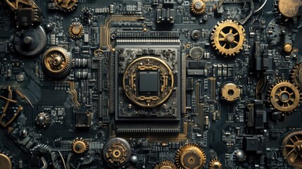 Fototapeta premium Steampunk-style circuit board with intricate gears and gold accents.