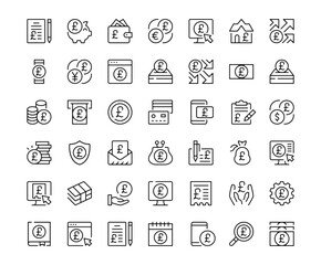 British pound icons. Outline symbols collection. Premium vector line icons set