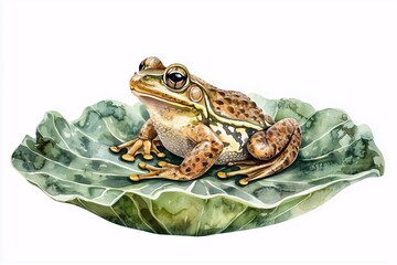 Watercolor Painting of a Brown Frog Resting on a Large Green Leaf
