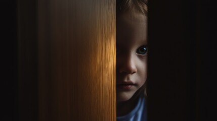 A young child is peeking out from behind a door. The child is wearing a white shirt and has brown hair