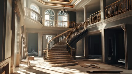 Obraz premium A luxury mansion under construction, grand staircase being installed --ar 16:9 --v 6.1 Job ID: ed065ed6-6924-437e-bd17-856e8dbcec17