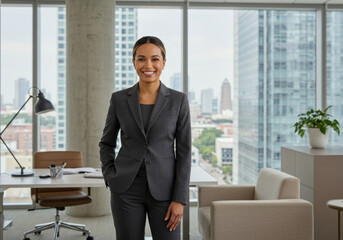 Woman in suit standing in office, looking confidently at computer screen, surrounded by files and coffee cups, indicating busy workday.
