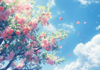 Vibrant orange and pink flower tree against a blue sky with fluffy clouds in a serene nature setting, evoking feelings of spring and renewal in full bloom