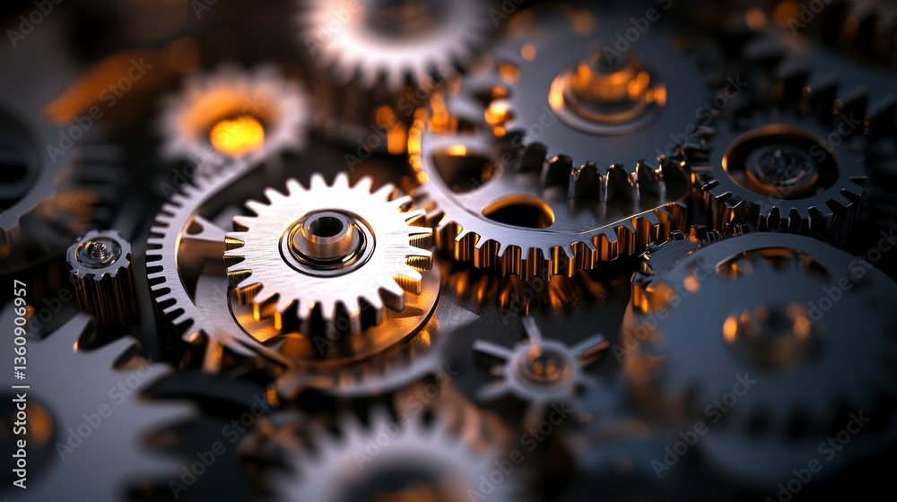 Poster close-up of intricate metal gears interlocked, showcasing complex machinery and precision engineerin