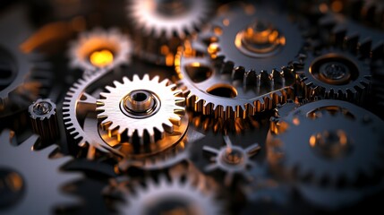 Close-up of intricate metal gears interlocked, showcasing complex machinery and precision engineering.