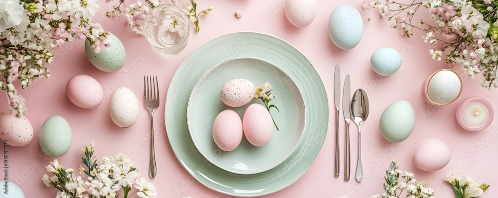 Poster easter table setting with pastel colored eggs and flowers decorating a pink background