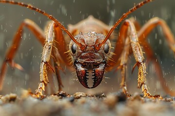 Fototapeta premium Breathtaking macro shot of Trap jaw Ant Odontomachus mid strike powerful mandible wide open second before snapping shut fine detail of glossy brown exoskeleton reflect forest floor diffused light tiny