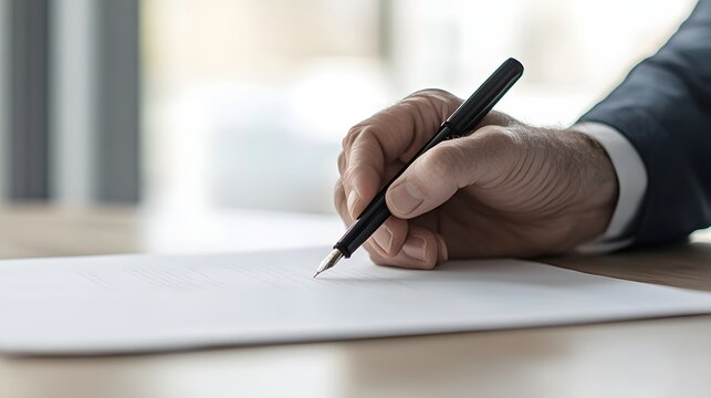 Elegant hand holding a pen, capturing thoughts on a crisp sheet of paper during a serene afternoon in a bright office environment