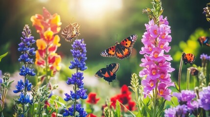 Obraz premium Vibrant wildflowers in bloom with colorful butterflies fluttering amidst a sunlit garden. A breathtaking scene of nature's beauty.