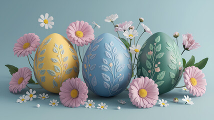 Serene artistic arrangement of colorful Easter eggs, intricate floral patterns surrounded by delicate pink and white daisies placed on soft blue background capturing the elegance and joy of the Easter